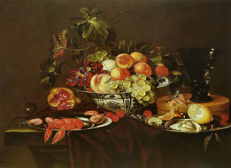 Joris van Son Crustaces, huitre et coupe de fruits avec un verre